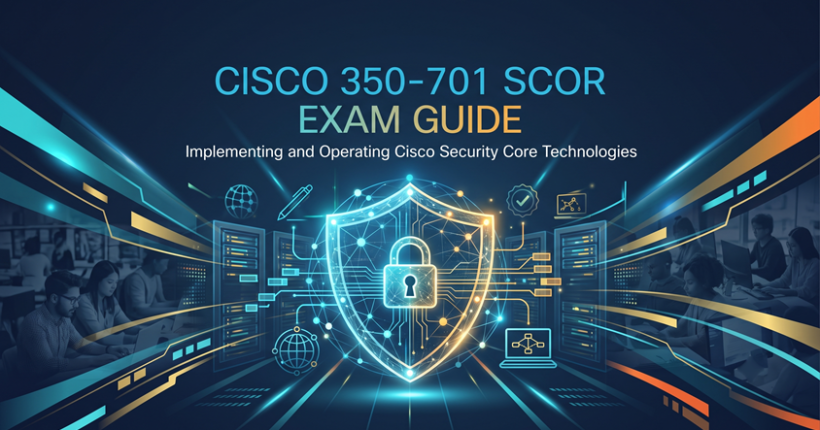Futuristic Cisco 350-701 SCOR exam guide cover featuring a glowing cybersecurity shield, digital lock, and network server background.