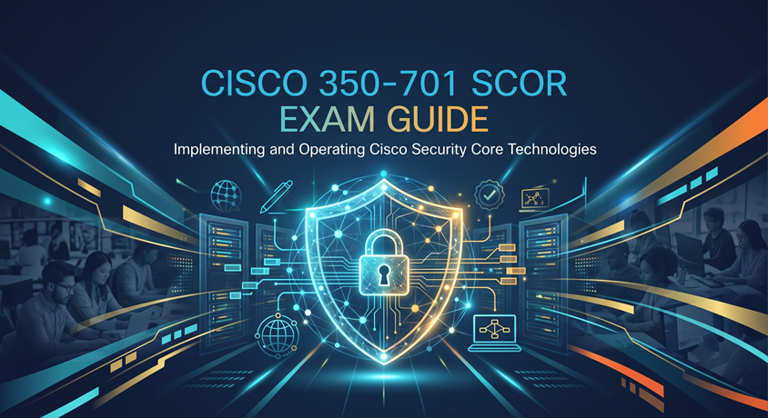 Futuristic Cisco 350-701 SCOR exam guide cover featuring a glowing cybersecurity shield, digital lock, and network server background.