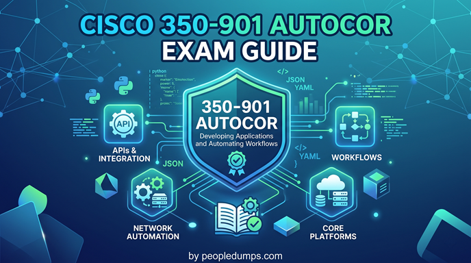 Cisco 350-901 AUTOCOR Exam Guide visual banner featuring network automation, APIs & integration, workflows, and core platforms with Python, JSON, and YAML concepts on a dark blue tech background.