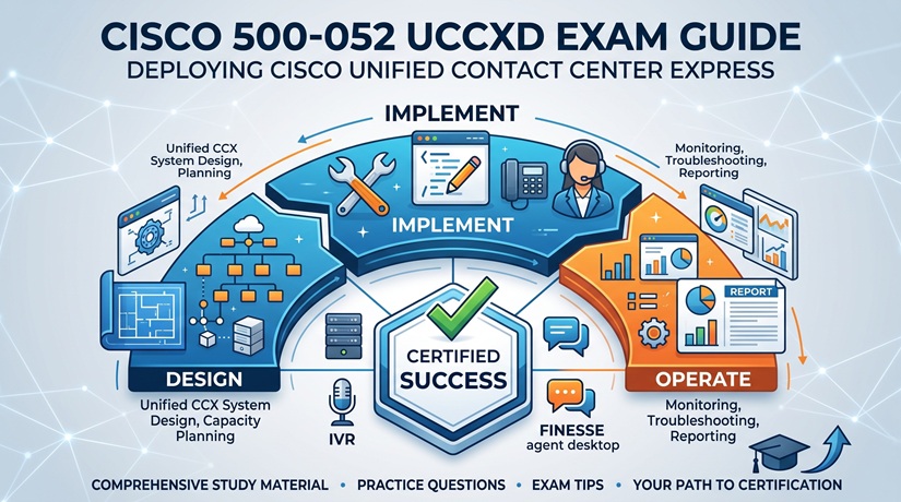 Cisco 500-052 UCCXD exam guide infographic illustrating Unified CCX system design, implementation, and operation for certification preparation