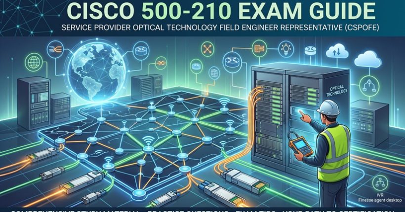 Cisco 500-210 CSPOFE exam guide illustration featuring optical networking racks, fiber transceivers, and a field engineer testing network equipment