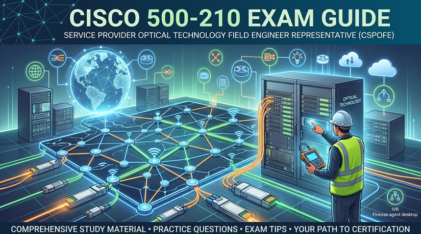 Cisco 500-210 CSPOFE exam guide illustration featuring optical networking racks, fiber transceivers, and a field engineer testing network equipment