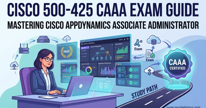 A modern illustration featuring a female IT administrator sitting at a desk with multiple holographic displays showing AppDynamics performance monitoring data, network topology, and a 'Study Path' leading to a large 'CAAA Certified' badge, all under the main title 'Cisco 500-425 CAAA Exam Guide' with 'PeopleDumps' branding.