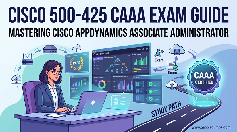 A modern illustration featuring a female IT administrator sitting at a desk with multiple holographic displays showing AppDynamics performance monitoring data, network topology, and a 'Study Path' leading to a large 'CAAA Certified' badge, all under the main title 'Cisco 500-425 CAAA Exam Guide' with 'PeopleDumps' branding.