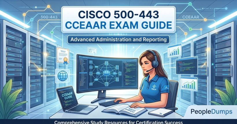 Cisco 500-443 CCEAAR Exam Guide illustration featuring a network engineer workspace, data center servers, and certification study resources