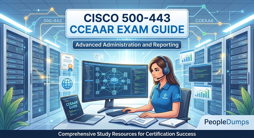 Cisco 500-443 CCEAAR Exam Guide illustration featuring a network engineer workspace, data center servers, and certification study resources