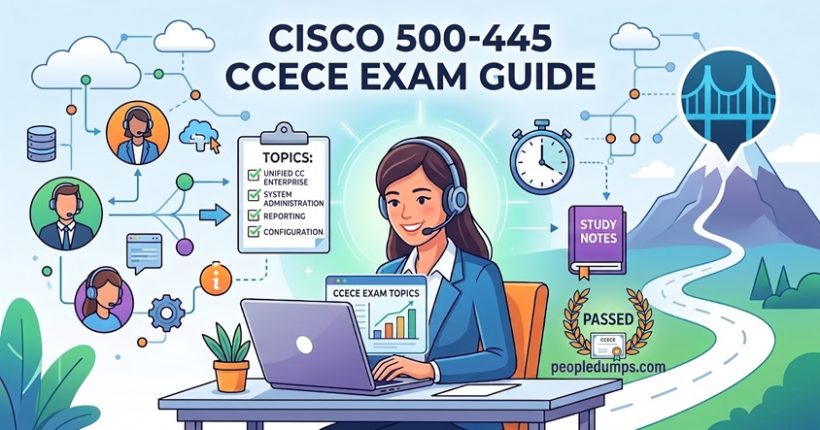 Comprehensive Cisco 500-445 CCECE exam study guide illustration by PeopleDumps featuring contact center architecture and preparation milestones.