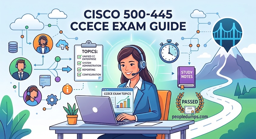Comprehensive Cisco 500-445 CCECE exam study guide illustration by PeopleDumps featuring contact center architecture and preparation milestones.