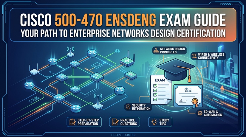 Cisco 500-470 ENSDENG Exam Guide banner featuring enterprise network design topology, SD-WAN architecture, and certification study tips.
