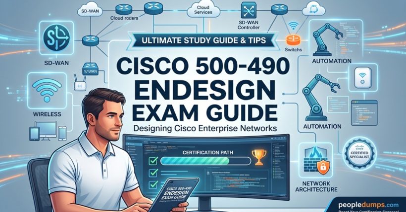 Cisco 500-490 ENDESIGN exam study guide cover illustrating enterprise network design, SD-WAN, wireless architecture, and automation concepts.