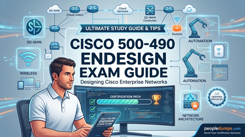 Cisco 500-490 ENDESIGN exam study guide cover illustrating enterprise network design, SD-WAN, wireless architecture, and automation concepts.