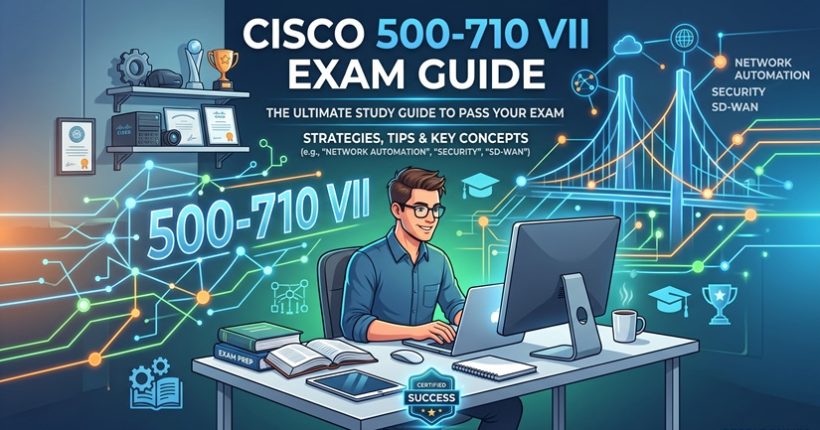 Cisco 500-710 VII Exam Guide cover graphic showing a specialist studying network automation and security concepts at a modern workstation.
