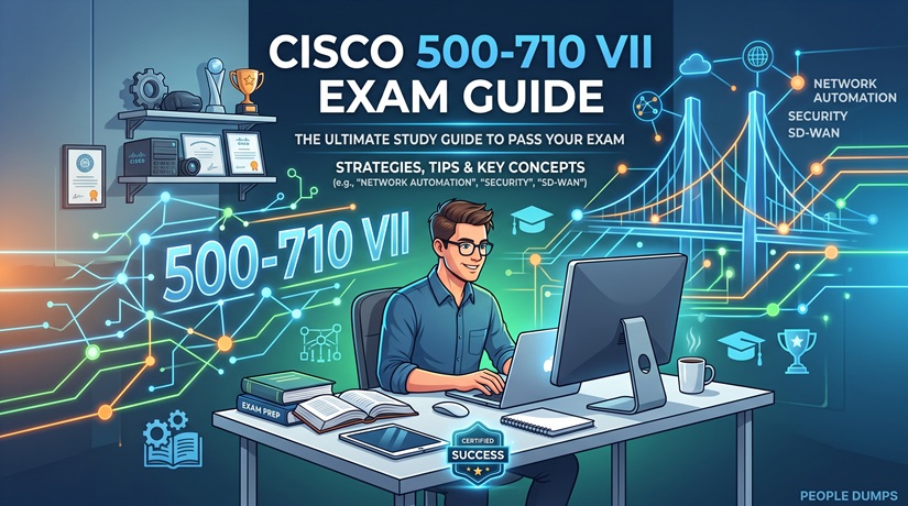 Cisco 500-710 VII Exam Guide cover graphic showing a specialist studying network automation and security concepts at a modern workstation.