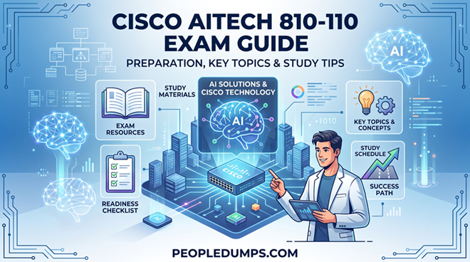 An illustrative cover graphic for the Cisco AITECH 810-110 exam guide, featuring digital AI brain networks, Cisco hardware, study resource icons, and a tech professional using a tablet on a light blue background.