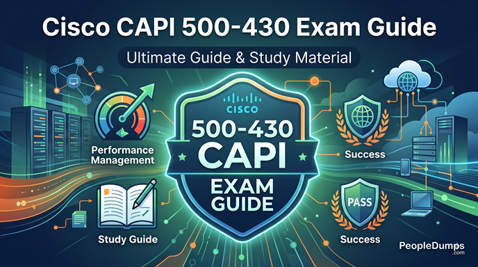 A comprehensive informational graphic for the Cisco CAPI 500-430 Exam Guide by PeopleDumps.com. A central shield badge displays '500-430 CAPI EXAM GUIDE' and the Cisco logo. Four surrounding icons are labeled: 'Performance Management' (speed gauge with arrow), 'Study Guide' (open book with pencil), 'Success' (globe in laurel wreath), and 'Pass' (shield with laurels). The background is a dynamic digital network with flowing data lines, server racks, clouds, and connected devices (laptop, phone, tablet). The PeopleDumps.com logo is in the bottom right corner.