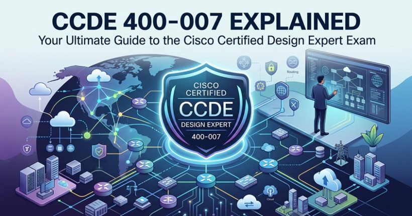 Cisco CCDE 400-007 exam guide banner illustration featuring enterprise network architecture diagrams and cloud topology.