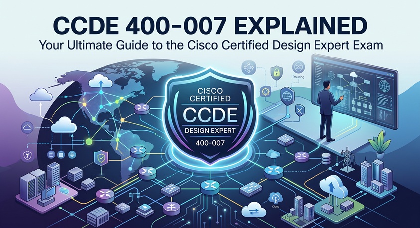 Cisco CCDE 400-007 exam guide banner illustration featuring enterprise network architecture diagrams and cloud topology.