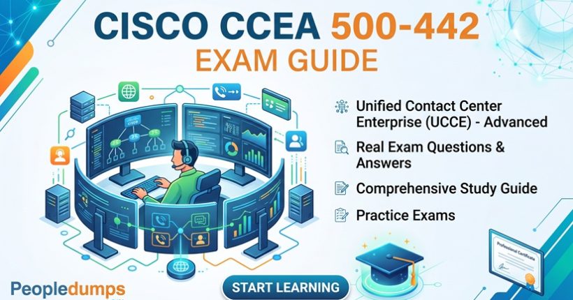 Cisco CCEA 500-442 Exam Guide illustration featuring a technician at a multi-monitor NOC console and study resources.