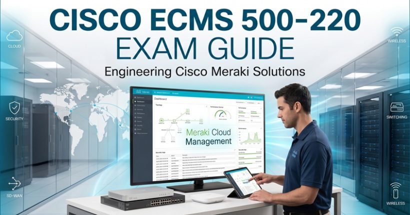 Cisco ECMS 500-220 exam guide banner featuring a network engineer managing Cisco Meraki cloud dashboard, switches, and wireless access points in a modern data center.