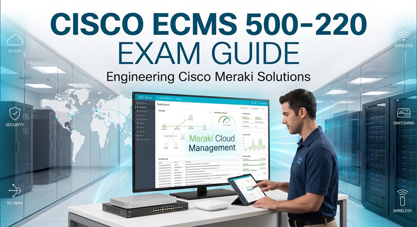 Cisco ECMS 500-220 exam guide banner featuring a network engineer managing Cisco Meraki cloud dashboard, switches, and wireless access points in a modern data center.