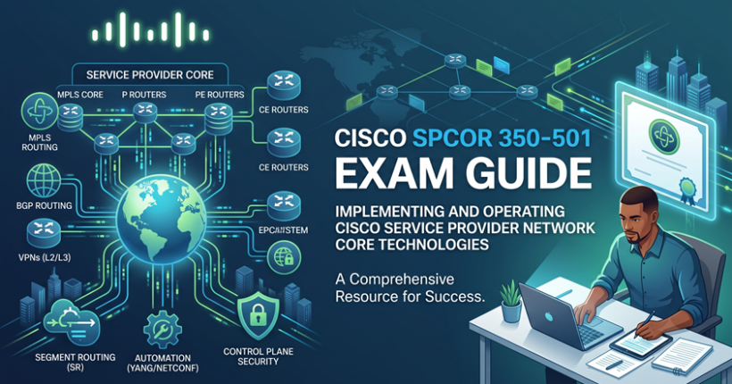 Cover banner for Cisco SPCOR 350-501 exam guide showing a network engineer studying next to a Service Provider network architecture diagram covering MPLS, BGP, Segment Routing, and Automation.