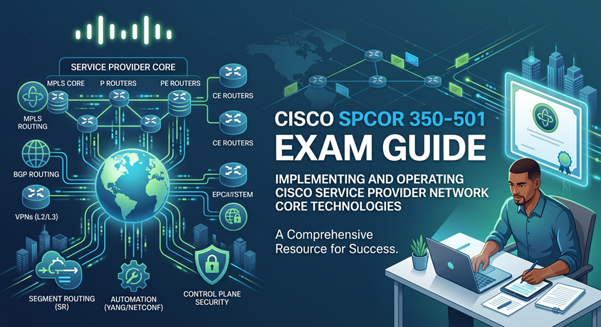 Cover banner for Cisco SPCOR 350-501 exam guide showing a network engineer studying next to a Service Provider network architecture diagram covering MPLS, BGP, Segment Routing, and Automation.