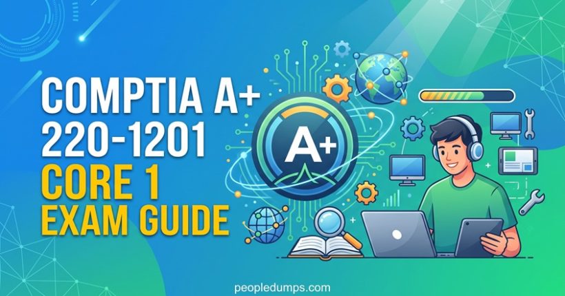 CompTIA A+ 220-1201 Core 1 exam guide banner featuring IT hardware and networking illustration with certification badge.