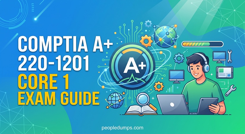 CompTIA A+ 220-1201 Core 1 exam guide banner featuring IT hardware and networking illustration with certification badge.