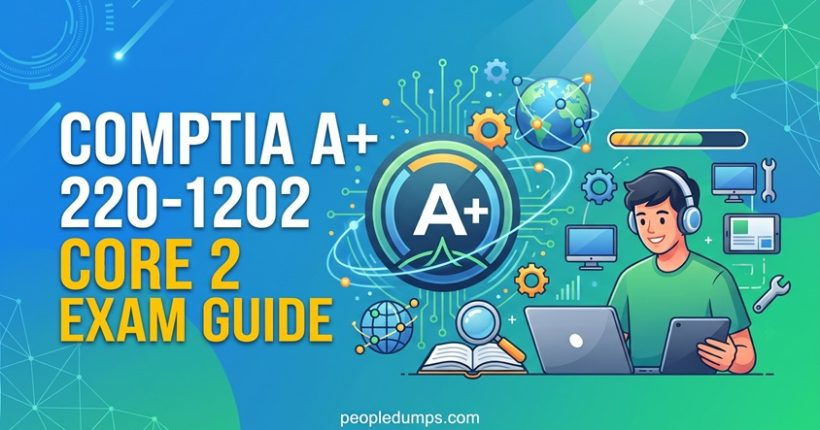 CompTIA A+ 220-1202 Core 2 Exam Guide illustration featuring an IT professional studying with laptops and network icons