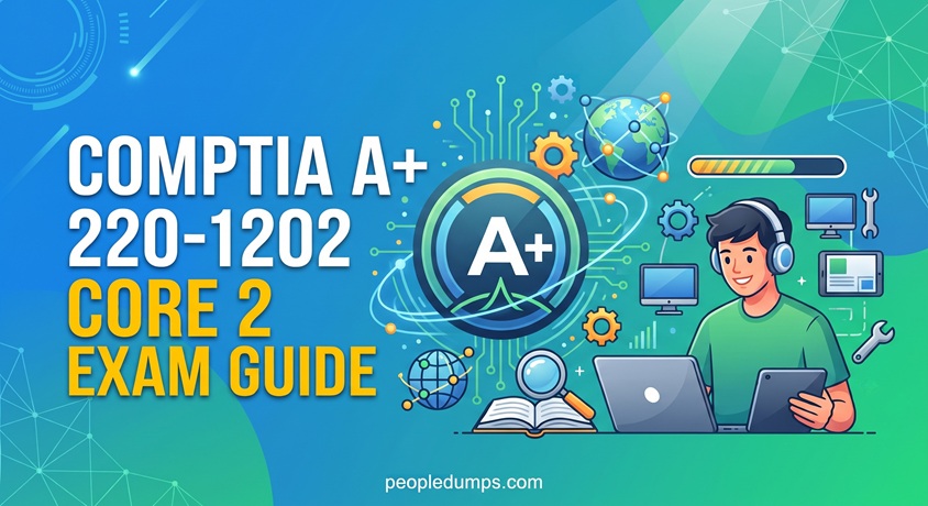 CompTIA A+ 220-1202 Core 2 Exam Guide illustration featuring an IT professional studying with laptops and network icons