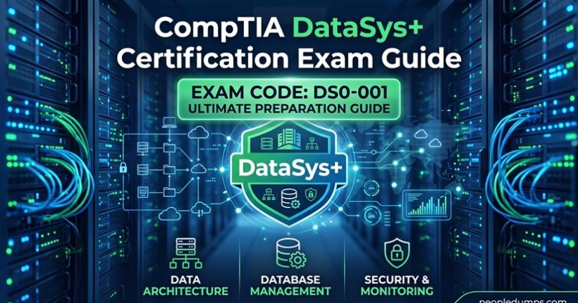 CompTIA DataSys+ DS0-001 certification exam guide cover with data architecture, database management, and system security icons.