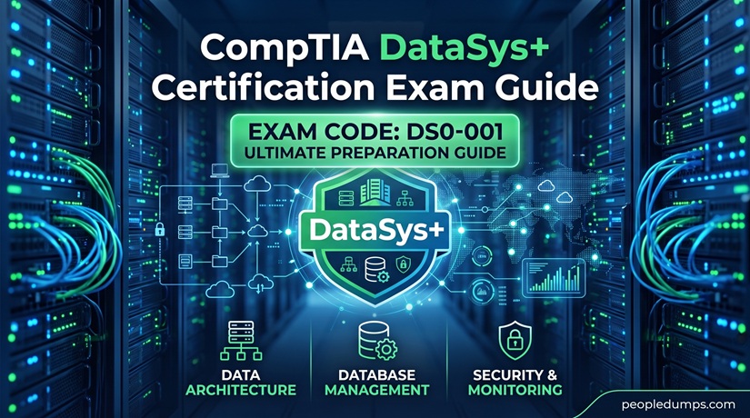 CompTIA DataSys+ DS0-001 certification exam guide cover with data architecture, database management, and system security icons.