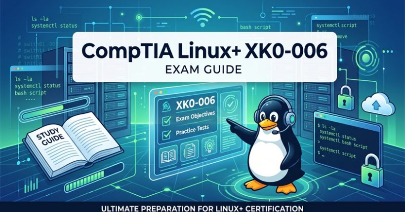 CompTIA Linux+ XK0-006 exam study guide illustration featuring Tux mascot, terminal scripts, server racks, and certification objectives.