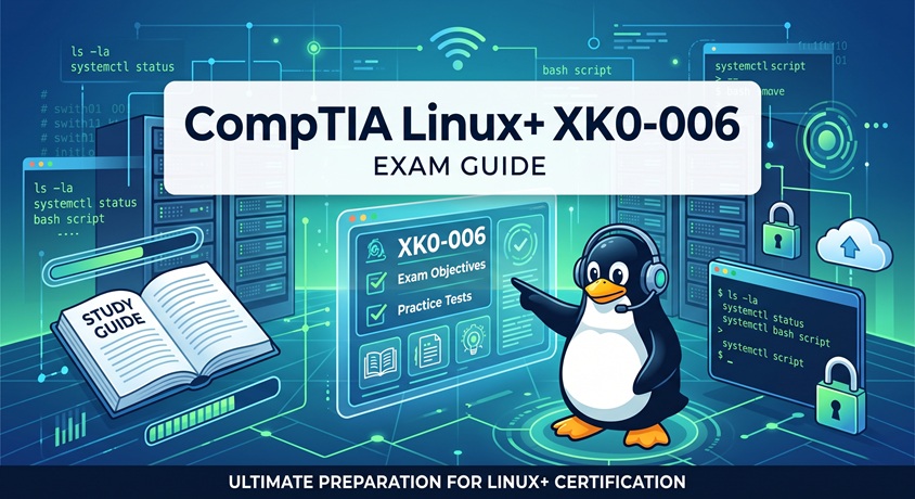 CompTIA Linux+ XK0-006 exam study guide illustration featuring Tux mascot, terminal scripts, server racks, and certification objectives.