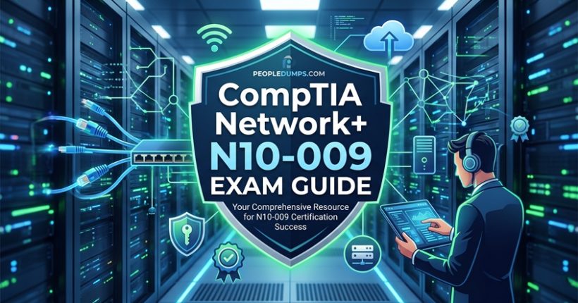 CompTIA Network+ N10-009 certification exam guide cover featuring a network engineer working in a modern data center server room.