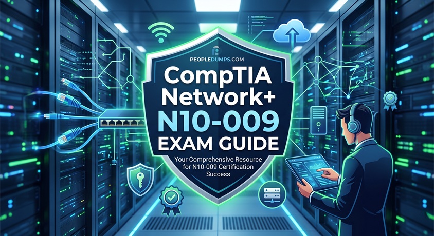 CompTIA Network+ N10-009 certification exam guide cover featuring a network engineer working in a modern data center server room.