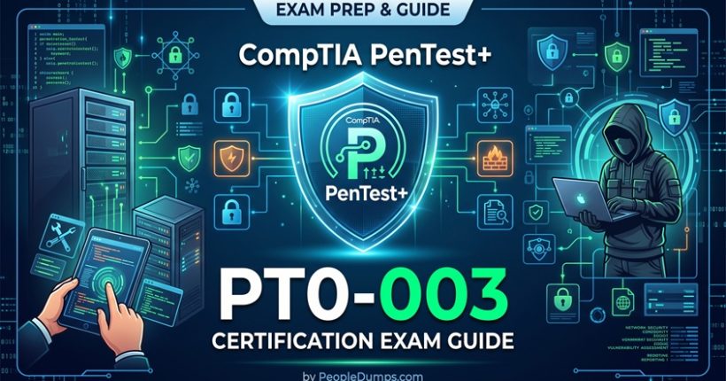 CompTIA PenTest+ PT0-003 Certification Exam Guide cover illustration featuring cybersecurity concepts, ethical hacking tools, and exam prep details by PeopleDumps