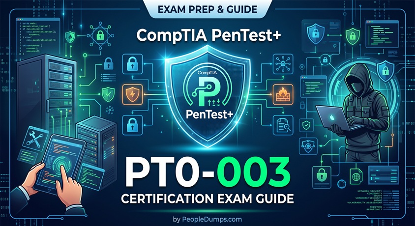 CompTIA PenTest+ PT0-003 Certification Exam Guide cover illustration featuring cybersecurity concepts, ethical hacking tools, and exam prep details by PeopleDumps
