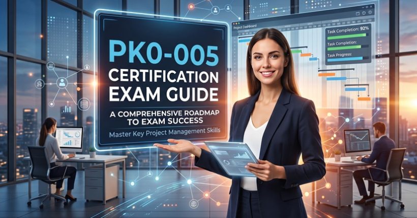 CompTIA Project+ PK0-005 certification exam guide cover featuring a project manager with dashboard analytics