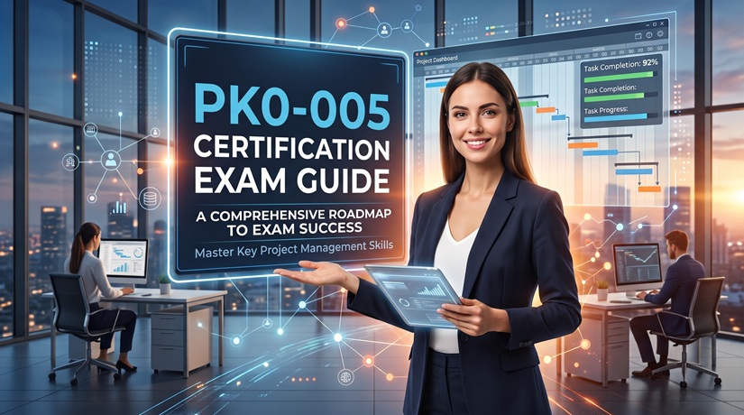CompTIA Project+ PK0-005 certification exam guide cover featuring a project manager with dashboard analytics