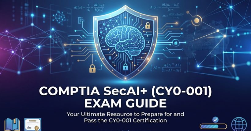 CompTIA SecAI+ CY0-001 exam guide cover banner featuring an AI neural brain inside a cybersecurity shield.