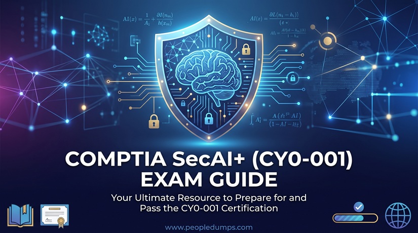 CompTIA SecAI+ CY0-001 exam guide cover banner featuring an AI neural brain inside a cybersecurity shield.