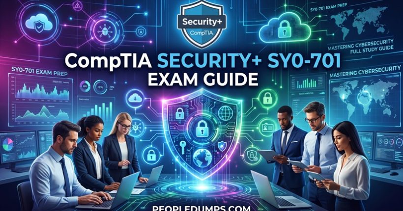CompTIA Security+ SY0-701 exam guide cover showing cybersecurity professionals collaborating around a glowing digital security shield.