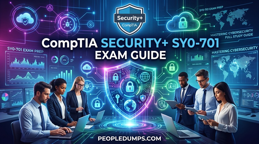 CompTIA Security+ SY0-701 exam guide cover showing cybersecurity professionals collaborating around a glowing digital security shield.