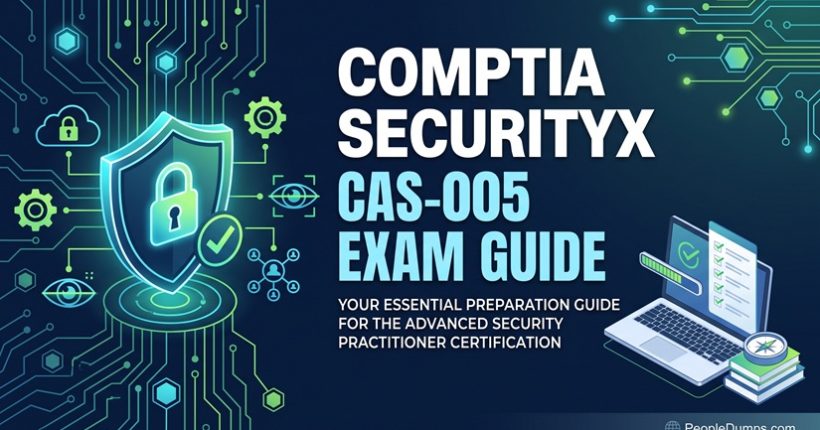 CompTIA SecurityX CAS-005 exam guide cover featuring a glowing cybersecurity shield and certification study materials