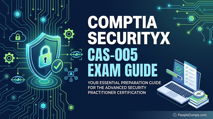 CompTIA SecurityX CAS-005 exam guide cover featuring a glowing cybersecurity shield and certification study materials