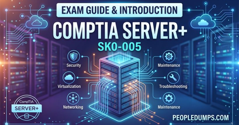CompTIA Server+ SK0-005 certification exam guide cover featuring datacenter server racks and core domain concepts.