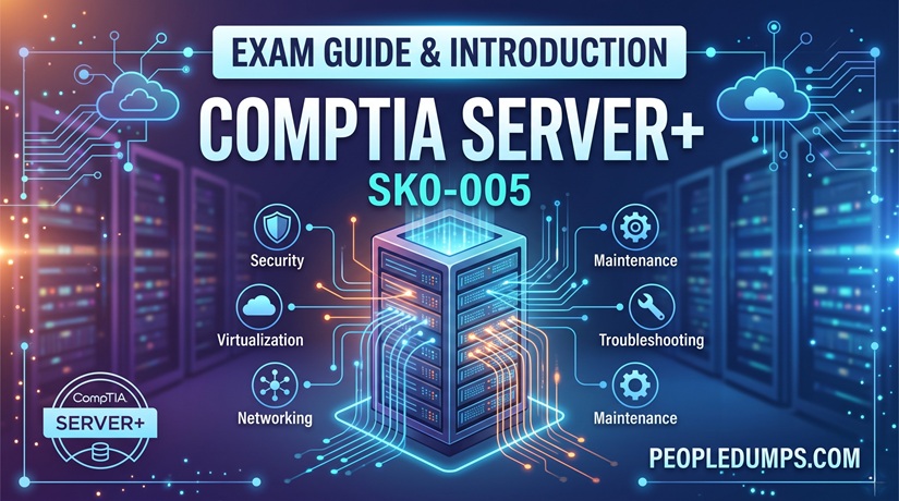 CompTIA Server+ SK0-005 certification exam guide cover featuring datacenter server racks and core domain concepts.
