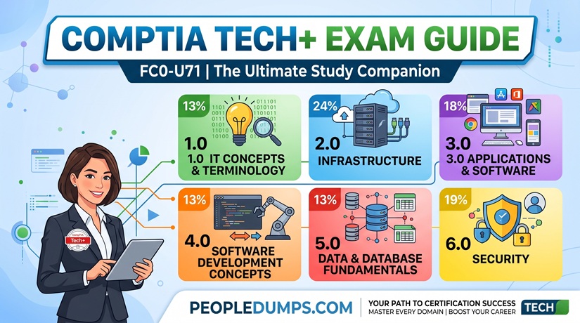 CompTIA Tech+ FC0-U71 exam guide infographic breaking down the six core certification domains and percentage weights.