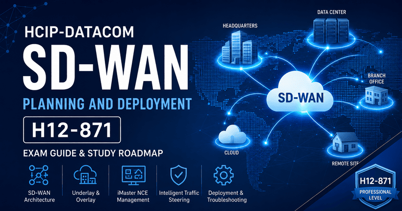 H12-871 HCIP-Datacom-SD-WAN Planning and Deployment exam guide featuring SD-WAN architecture, underlay and overlay networks, iMaster NCE, and intelligent traffic steering.